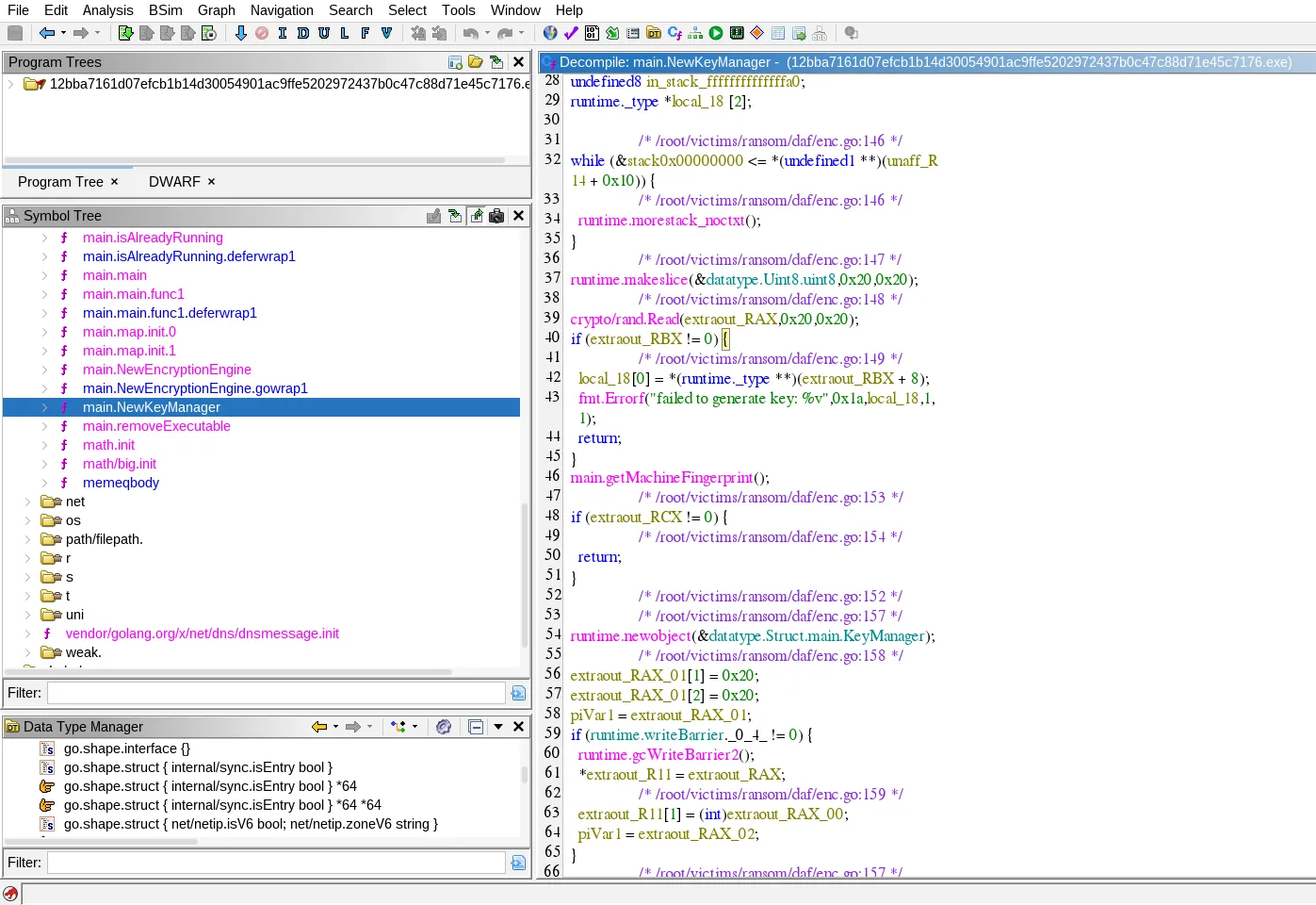 Decompiled NewKeyManager function in Ghidra